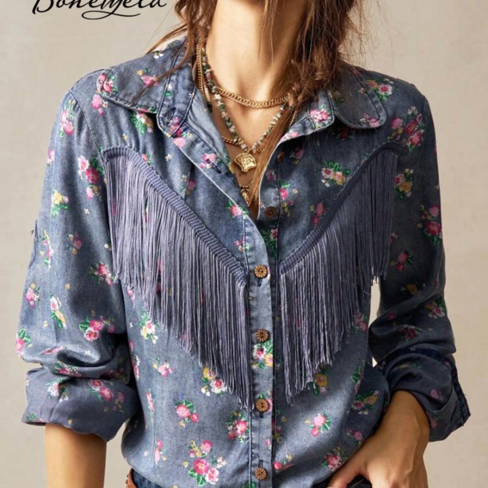 Floral Fringe Denim Shirt Bohemian Cowgirl Festival Core